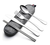 DEVICO Camping Cutlery Set for 1, Portable Travel Utensils Set with Case, Reusable Stainless Steel Knife Fork Spoon Chopsticks for Work Lunch Picnic School, Dishwasher Safe (Silver)