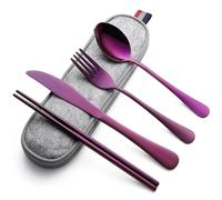 DEVICO Camping Cutlery Set for 1, Portable Travel Utensils Set with Case, Reusable Stainless Steel Knife Fork Spoon Chopsticks for Work Lunch Picnic School, Dishwasher Safe (Purple)