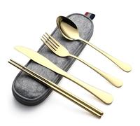 DEVICO Camping Cutlery Set for 1, Portable Travel Utensils Set with Case, Reusable Stainless Steel Knife Fork Spoon Chopsticks for Work Lunch Picnic School, Dishwasher Safe (Gold)