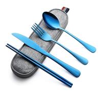 DEVICO Camping Cutlery Set for 1, Portable Travel Utensils Set with Case, Reusable Stainless Steel Knife Fork Spoon Chopsticks for Work Lunch Picnic School, Dishwasher Safe (Blue)