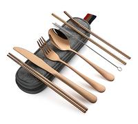 DEVICO Camping Cutlery, Travel Cutlery Set with Case, Portable Stainless Steel Camping Utensils Include Knife Fork Spoon Chopsticks Straws Brush (Rose Gold)