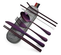 DEVICO Camping Cutlery, Travel Cutlery Set with Case, Portable Stainless Steel Camping Utensils Include Knife Fork Spoon Chopsticks Straws Brush (Purple)