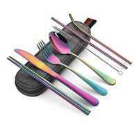 DEVICO Camping Cutlery, Travel Cutlery Set with Case, Portable Stainless Steel Camping Utensils Include Knife Fork Spoon Chopsticks Straws Brush (Rainbow)