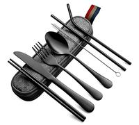 DEVICO Camping Cutlery, Travel Cutlery Set with Case, Portable Stainless Steel Camping Utensils Include Knife Fork Spoon Chopsticks Straws Brush (Black)