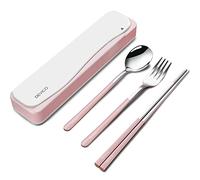 DEVICO Travel Cutlery Set, Camping Cutlery Set for 1, Portable 18/8 Stainless Steel Camping Utensils Include Fork Spoon Chopsticks (Pink)