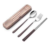 DEVICO Travel Utensils with Case, 18/8 Stainless Steel Silverware for Lunch | 4Pcs Portable Reusable Travel Cutlery Set, Korean Chopsticks Fork and Spoon Set for Camping/Picnic/Work/Gadgets/School, Brown