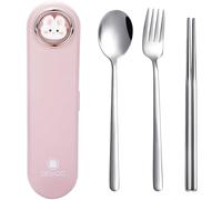 DEVICO Travel Utensils with Case Cute, Reusable Silverware for Lunch, Portable Cutlery Set, 18/8 Stainless Steel Fork Spoon Chopsticks in Cartoon Case, Dishwasher Safe (Pink)