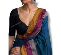 DEVIKA TEXTILES Avani Border Narayanpeth Pure Hand Woven Cotton Sarees with Running Blouse for Women, Rama, One size