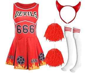 Devil Cheerleader Costume Set Dress Pom Poms Socks Horns Fancy Dress | red dress, pom poms, striped socks, devil horns, 4-piece set, halloween costume, adults
