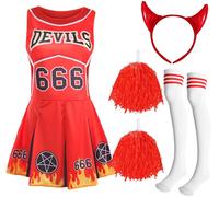 Devil Cheerleader Costume Set Dress Pom Poms Socks Horns Halloween