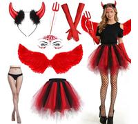 Devil Costume, 7 Pieces Angel Wings with Devil Horns, Angel Wings Red, Angel Devil Costume Women, Angel Wings for Fancy Dress Costumes, Devil Horns and Trident, for Carnival, Fancy Dress, Theme Party