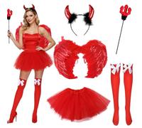 Devil Costume for Women, 5-Piece Set - Devil Costume Set with Devil Horns Headband, Red Tulle Skirt, Wings, Wand & Over-the-Knee Socks - Devil Costume Accessories for Halloween, Carnival, Cosplay