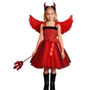 Devil Costume Girl with Wings for Halloween and Carnival and Theme Party | Children's costume with dress, feather wing look and devil horns in the picture, multi-layer skirt for party and stage