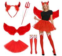 Devil Costume, Pack of 5 Angel Wings with Devil Horns, Angel Wings Red, Angel Devil Costume Women, Angel Wings for Fancy Dress Costumes, Devil Horns and Trident, for Carnival, Fancy Dress, Theme Party