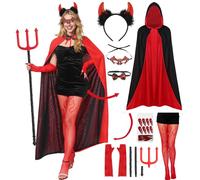 Devil Costume Women Halloween Costumes Adult, 9PCS Red Demon Vampire Cape Devil Horns Headband Fork Gloves Tail Stockings Nail for Carnival Party Fancy Dress Cosplay