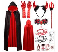 Devil Costume Women's 150 cm Vampire Costume for Halloween Carnival Costume | Devil Cape Women's - Double-Sided Cape with Large Hood - Carnival Accessory Set with Devil Horns and Wand