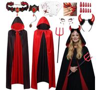Devil Costume Women's 170 cm Cape with Hood, Vampire Halloween Costume Set with Devil Horns Headband, Nails, Tattoo, Gothic Chain and Bracelet, Halloween Vampire Costume Set for Carnival, Fancy Dress