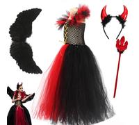 Devil Dress Up Costume - Red Wings, Horn Headband | Party Dress Outfit for Girls Cosplay Birthday Halloween Celebrations Options from Small to Extra Large Children