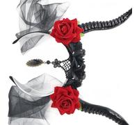 Devil Horn Headband for Anime Cosplay | Elegant Mesh Lace, Sparkling Rhinestones, Rose Detail, Halloween Celebration Accessories, Suitable for Adults