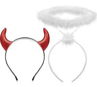 Devil Horns Headband with Face Jewels Set,Devil Costume Accessories Halloween Headbands for Women Girls (White angel and red devil horn headband)