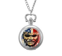 Devil Mask U.S. Flag Men's Pocket & Fob Watches Silent Ticking Quartz Alloy Chain Watch for Daily Use Silver-Style