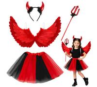 Devil Wings Costume Set Halloween Fancy Dress Costumes Headband Tutu Skirt | Devil Outfit Accessories with Angel Wing Devil Horns Wand Halloween Fancy Dress Costume for Birthday Halloween Carnival