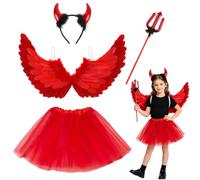 Devil Wings Costume Set Halloween Fancy Dress Costumes Headband Tutu Skirt | Halloween Outfit Accessories with Angel Wing Devil Horns Wand Devil Fancy Dress Costume for Birthday Halloween Carnival