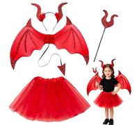 Devil Wings Costume Set Halloween Fancy Dress Costumes Headband Tutu Skirt | Halloween Outfit Accessories with Angel Wing Devil Horns Wand Devil Fancy Dress Costume for Birthday Halloween Carnival (Red)