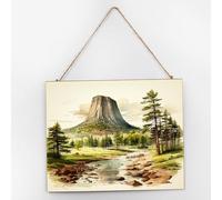 Devils Tower National Monument Wooden Plaque Sign Rustic Decor Decorative Forest Mountains Painting Artwork Signs Painted Established Wood Sign for Offices Table Front Door 10x12 Inch
