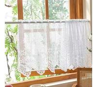 Devola Net Curtains Jacquard Curtains Lace Short Country House Style Bistro Curtain Floral Pattern Small Kitchen Curtain Coffee Curtains Short Curtain with Perforated Strip H x W 60 x 100 cm White
