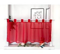 Devola Net Curtains, Voile Short Curtain with Loops, Modern Bistro Curtain, Transparent Window Curtain, Short Curtain, Plain Window Curtains, Kitchen, H x W 30 x 90 cm, Red, Pack of 1
