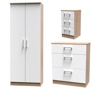 Devon 3 Piece Bedroom Set (Wardrobe, Chest & Bedside) in White Matt & Bardolino Oak - Ready Assembled Swift White One Size