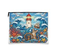 Devon Rexs Cats Makeup Bag, Nautical Lighthouse Ships Cosmetic Travel Pouch for Women, Gifts for Girls, Pet Portable Small Canvas Zipper Organizer 7x9 Inch