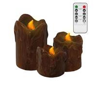 DEVSYWAX Flameless Led Candles Pillar Remote Timer（2.5" 3" 4" ） Pack of 3 Candles Real Wax Dripping Design Battery Operated Function for Home Decor Festival Holiday（Brown）