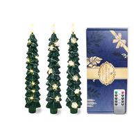 DEVSYWAX LED Christmas Tree Flameless Candles 3 Pcs Taper Remote Timer Battery Operated Fake Candle 3D Flickering Flame Celebration Holiday Decorations Green （Three-Way Mix）
