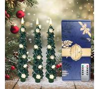 DEVSYWAX LED Christmas Tree Flameless Candles 3 Pcs Taper Remote Timer Battery Operated Fake Candle 3D Flickering Flame Celebration Holiday Decorations Green （Snowflake Copper Wire lamp）