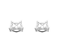 Dew Cat Feline Face Stud Earrings - Sterling Silver, Cute and Fun Animal Themed Jewellery (With Gift Box)