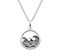 Dew Ocean Wave Disc Pendant 18" Necklace - Sterling Silver, Oxidised Textured Wave Detail, Gift Ideas for Travelling