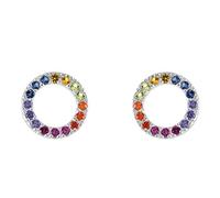 DEW Rainbow Circle Stud Earrings - Sterling Silver, Pavé Multi Colour Cubic Zirconia, Simple and Classic Geometric Design