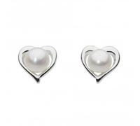 DEW Small Heart Freshwater Pearl Stud Earrings - Sterling Silver, Classic Design, Timeless Gift Idea for Brides and Bridesmaids