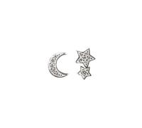 DEW Sparkling Crescent Moon and Twin Star Stud Earrings - Sterling Silver, Pavé Cubic Zirconia, Mismatched Pair, Celestial Style, Perfect for Stacking