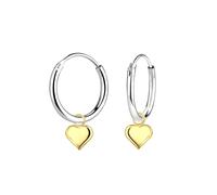 Dew Sterling Silver and Gold Plate Heart Charm 12mm Sleeper Hoop Earrings - Delicate Heart Detail, Contemporary Jewellery, Luxury Gift Box, Matching Bracelet, Necklace and Anklet Available