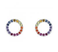 DEW Rainbow Circle Stud Earrings - Sterling Silver, Pavé Multi Colour Cubic Zirconia, Simple and Classic Geometric Design