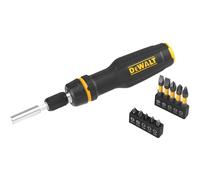 Dewalt Full Fit Telescoping Multi-bit Ratcheting Screwdriver + 10 Bits, Contains 5 x 25mm Bits: PH1, PH2, SL4, SL6 & SQ2, 5 x 50mm Bits: PH1, PH2, SL4, SL6 & SQ2.