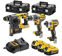 DEWALT 3 x XR 18V Brushless Cordless Drill Compact Impact Driver, Impact Driver, SDS-Plus Drill, XR 18V 5Ah Li-Ion, 3 Batteries, 2 Sets TSTAK DCK368P3T-QW