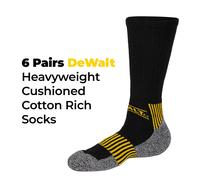 DEWALT 6 Pair Pack Black Heavy Duty Cushioned Work Socks Grey White 10 - 13