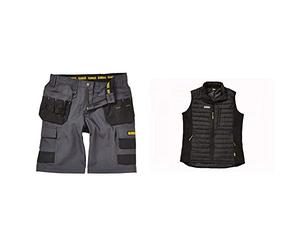DEWALT Cheverley Lightweight Grey Polycotton Shorts Waist 32in & Men's Force Slim Fit Gilet, Black, M