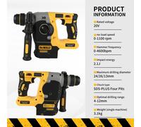 DEWALT DCH273 20V Cordless Electric Hammer 6.0Ah Battery Stepless Speed 3-in-1 Mode for Workshop & Job Site Concrete Drilling DCH273 UK