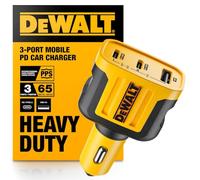 DEWALT PD 65W 3 Port Car Charger - USB-C PPS Fast Charging Adapter for Laptops, Phones and Tablets, Dual USB-C + USB-A Ports, 65W Total Output for a