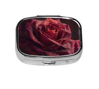 Dewdrops On Red Rose Print Pill Box 2 Compartment Medicine Pill Case,Portable for Pocket Or Purse Pill Box Decorative Metal Medicine Organizer